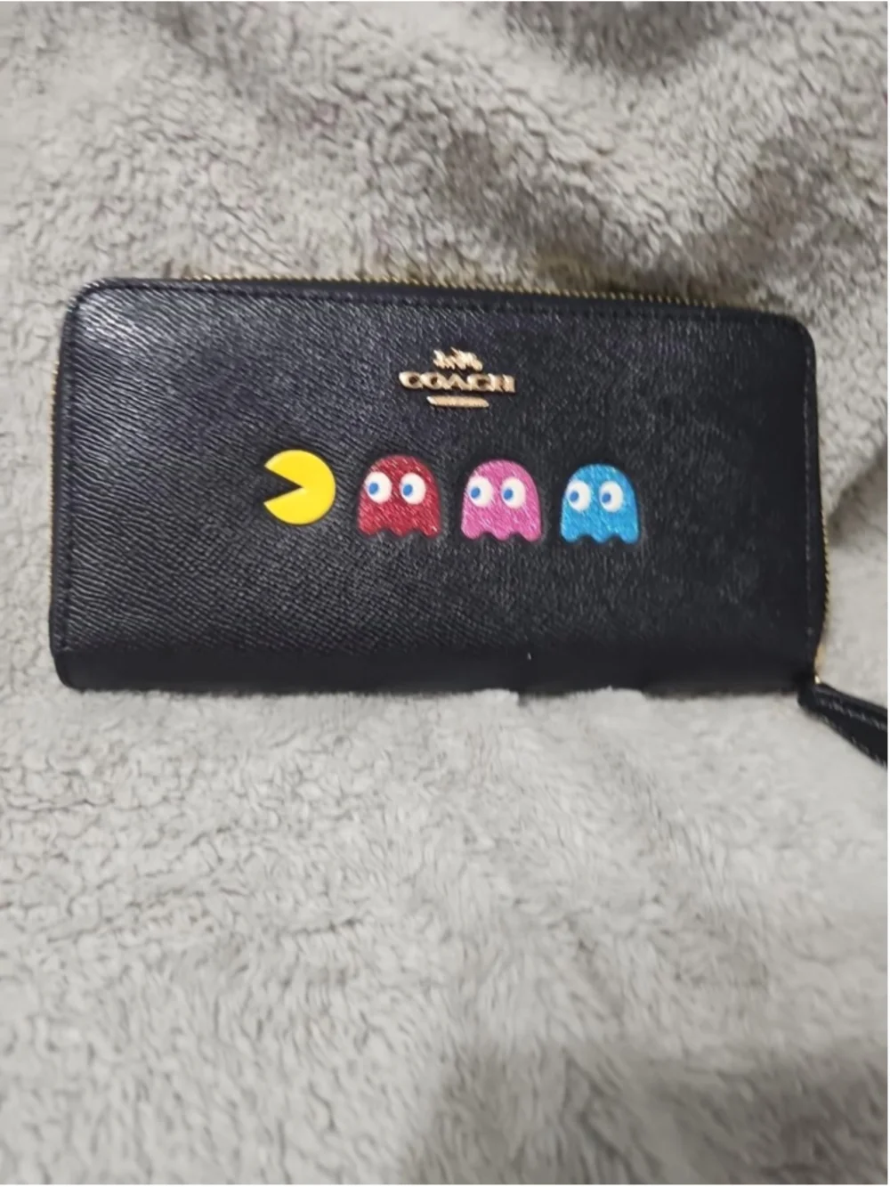Coach x Pac-Man Limited Edition Black Leather Accordion Zip Wallet Ghosts